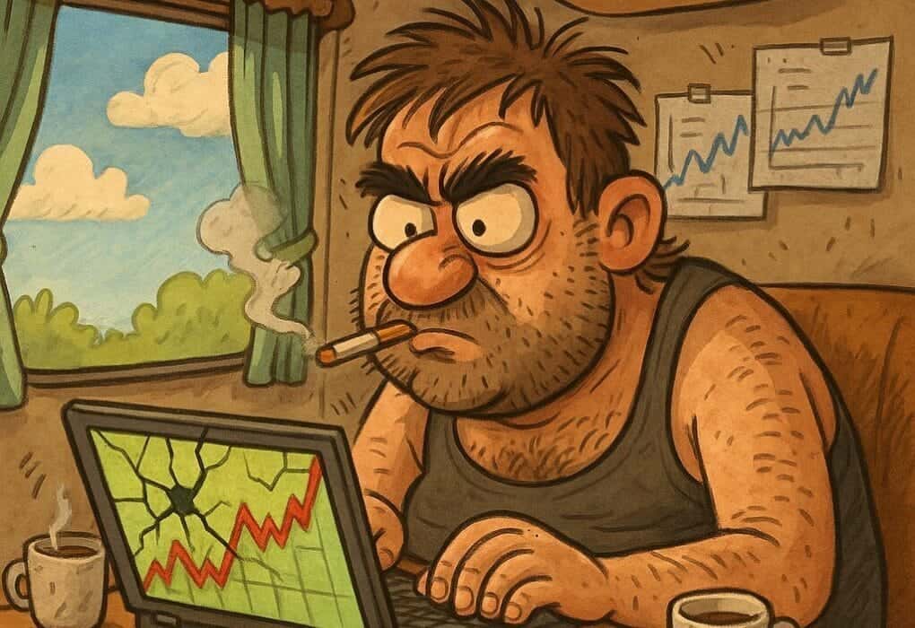 Faksnes Faksar – Mandag 5. mai 2025 - Aksjetips 5 Karikatur av Glenn-Ronny Faksnes i en campingvogn, fokusert på en bærbar PC med knust skjerm og aksjegraf, omringet av kaffekopper og røyk
