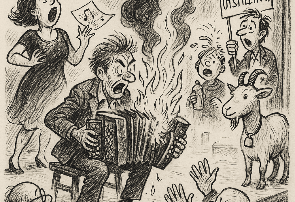 Trekkspillet tok fyr og sauen vant scenen – kulturkollaps i Skogstuggu (Os i Østerdalen) 5 Karikatur av trekkspillbrann og geit på scene under kulturarrangement i Skogstuggu