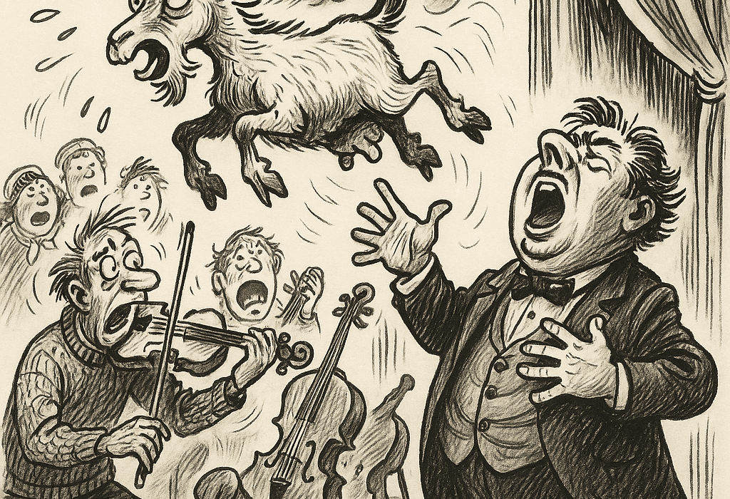 Ull i Snørrbygda (Alvdal) – Når meieriet smalt og lensmannen sang baryton 5 Karikatur av geit i scenekatastrofe under kulturarrangement i Snørrbygda