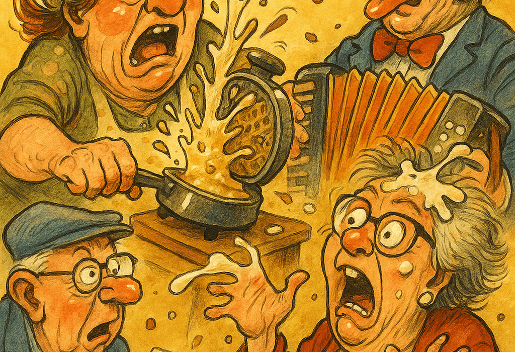 Vaffelpressa eksploderte – Sløftebygda i sjokk: "Det small som ei elgku i brunst! 4 Karikatur av dramatisk vaffelsøl på bingo i Sløftebygda