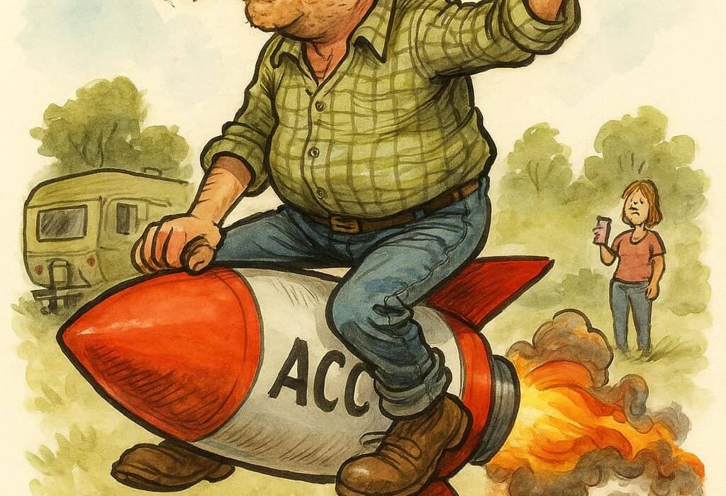FAKSNES FAKSAR AKSJETIPS – MANDAG 12. MAI 2025 5 Humoristisk illustrasjon av aksjeredneck Glenn-Ronny Faksnes som rir på en rakett merket ‘PGS’ mens Rikke-Ragna ser på med Pepsi Max i hånda – i campingmiljø, Østfold-style