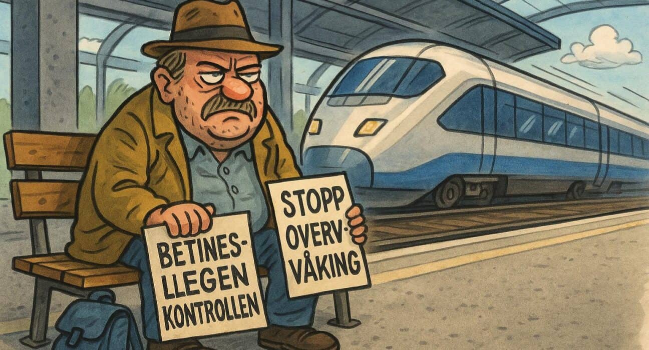 Betongkupp på Pjuskebyskinnene (Moss): Ny stasjon lurer folket til å tru på framtida 5 Karikatur av Freddy Rakkerud som sit på ein perrong med konspirasjonsplakatar, medan eit hypermoderne tog susar forbi bak ryggen hans.