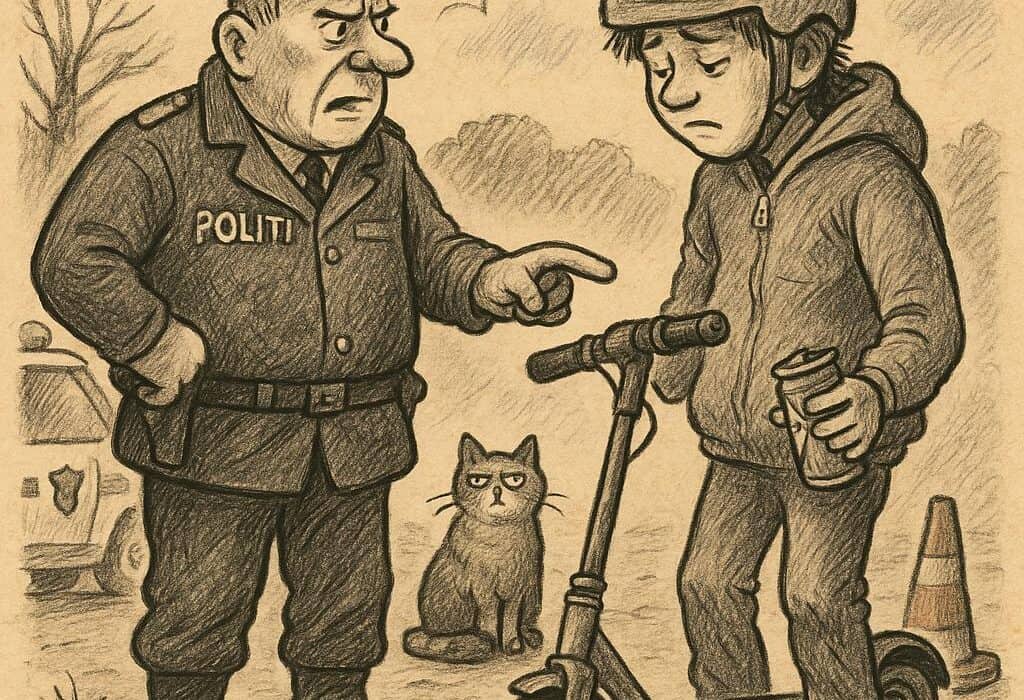 SPARKESYKKEL-KRISEN I MOSS: Politiet slo til med storaksjon – lokal ungdom i sjokk 4 Politimann peker på bremseløs elsparkesykkel mens ungdom med energidrikk ser skyldig ned