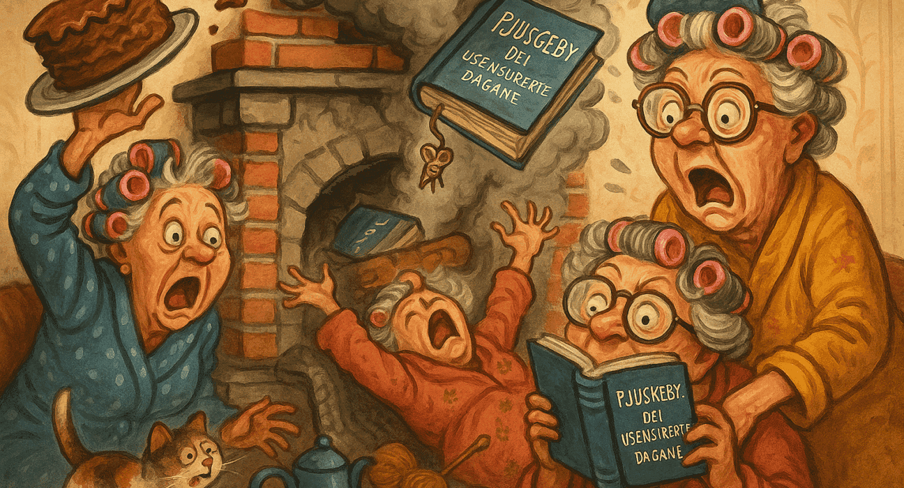 Hemmeleg bok bak peisen – no raser bokklubben! (HverDagsavisen) 5 Karikatur av panisk bokklubb som finn skandale-bok bak peis