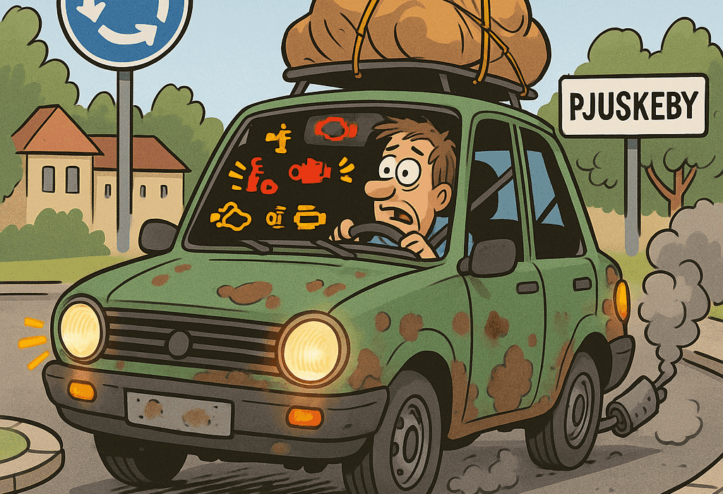 Bil-Bingo i Pjuskeby: Fra Lyktefeil til Lykkerus? 5 Gammel, rusten bil med blinkende varsellamper og røyk fra eksosen kjører forvirret i rundkjøring i Pjuskeby, overlastet og teknisk slett.