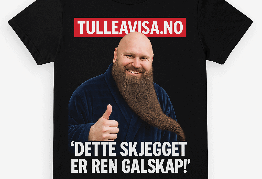 Norges lengste skjegg funnet i GrandFarsund? (Farsund) 5 En svart T-skjorte med bilde av en smilende, skallet mann med et absurd langt skjegg som gir tommel opp – under logoen “TULLEAVISA.NO” og teksten “DETTE SKJEGGET ER REN GALSKAP!”