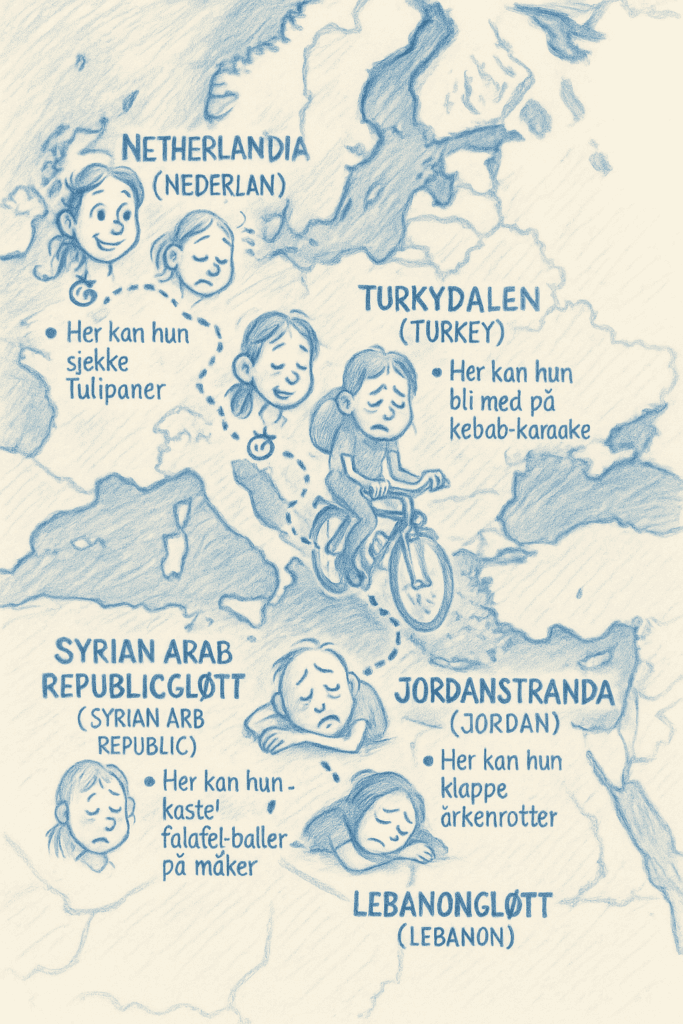 Sykkelheltinne Sunniva ruller til Turkeydalen (Tyrkia) – vegansk mirakel på hjul 6 Kartkarikatur som viser Sunniva Lyle Sturzrehems veganske sykkeltur fra Fredrikstad gjennom Nederlandia, Turkeydalen, Jordanstranda, Syrian Arab Republicgløtt og Lebanongløtt, med ikoner for tulipan-sjekking, kebab-karaoke, ørkenrotte-klapping og falafel-kasting, samt små symboler som viser hvor sliten hun blir på hvert trinn.
