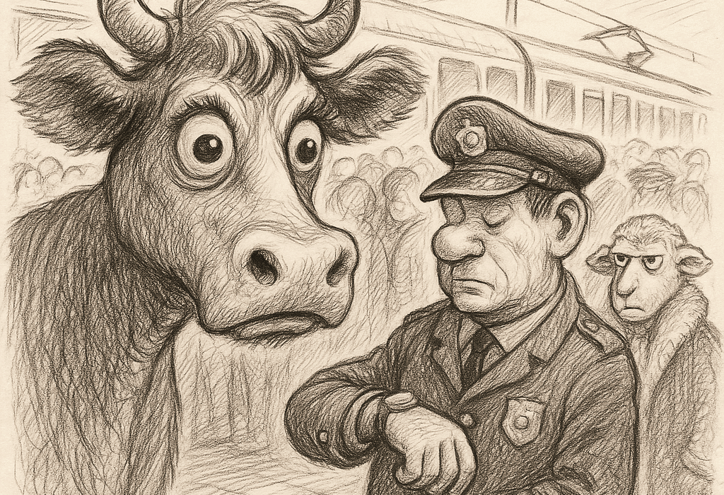 Frustrert ku i rushtidspanikk fanger politisvikten på Oslo stasjon 5 Line drawing in Kjell Aukrust style of a wide-eyed cow glaring at an inattentive police officer on a crowded train platform during rush hour, with a skeptic sheep in diplomat attire standing behind.