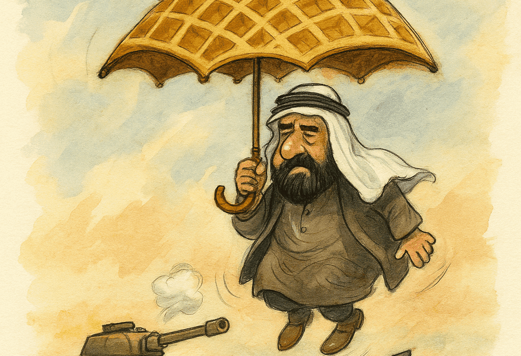Fredssveiva™ over Iranbolla (Iran) og Israelbakken (Israel): Snørr rådet (FN) i sjokk 5 Satirisk illustrasjon av arabisk mann svevende under dampende vaffelparaply, mens våpen ligger forlatt i ørkenen.