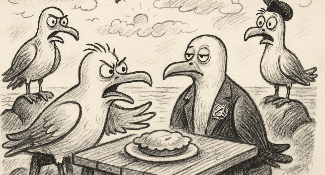 Mystisk måseforlik i Bodøhstrupen (Bodø) – fiskekaka som sprengte freden 5 Karikatur av måser i diplomatisk forvirring – FN-humor og kakepanikk (Bodø)