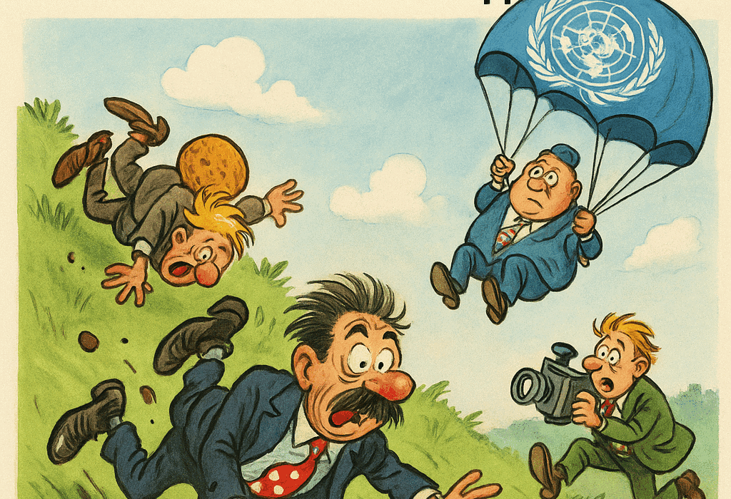 Ostefest eller livsfare? Britiske våghalser kaster seg ned bratt bakke i berømt løp 5 Karikatur i Gunder Smørsnipp-stil: Diplomater snubler etter rullende ost ned en grønn bakke, én med FN-flagg som fallskjerm