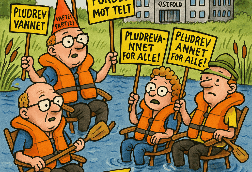Kommunekaos i Fredrikstad/sarpsborgskogen (Fredrikstad/Sarpsborg): Fylket anklages for maktmonopol! 5 Illustrasjon av kommuneopprør i Østfold, med ordførere i campingstoler som protesterer i vannet ved Pludrevannet.