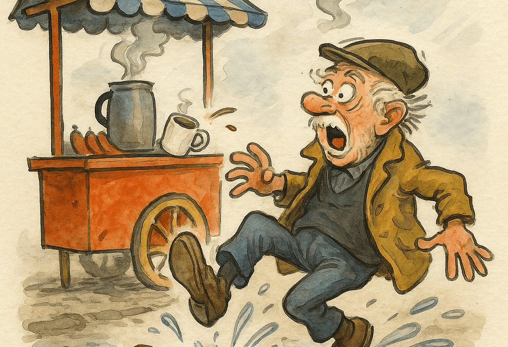 Pølsekrangel i Plask-torpet (Dutti Tjasdal) eksploderte i knirkende duppeditt-dans! 5 Humoristisk karikatur av eldre mann som sklir på pølse foran rykande pølsevogn