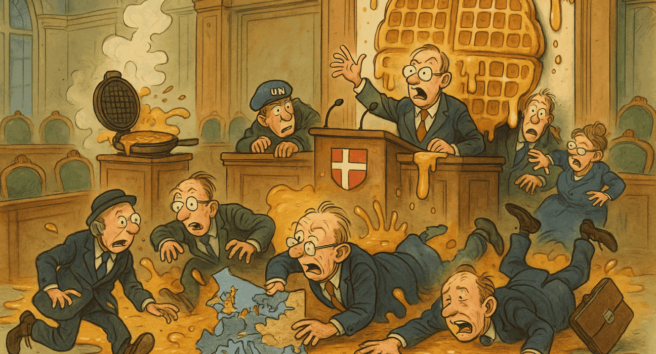 København erklærer unntakstilstand etter vaffelkupp i Folketinget 5 Karikatur av dansk parlament i vaffelkaos – FN-humor og sirupskliss