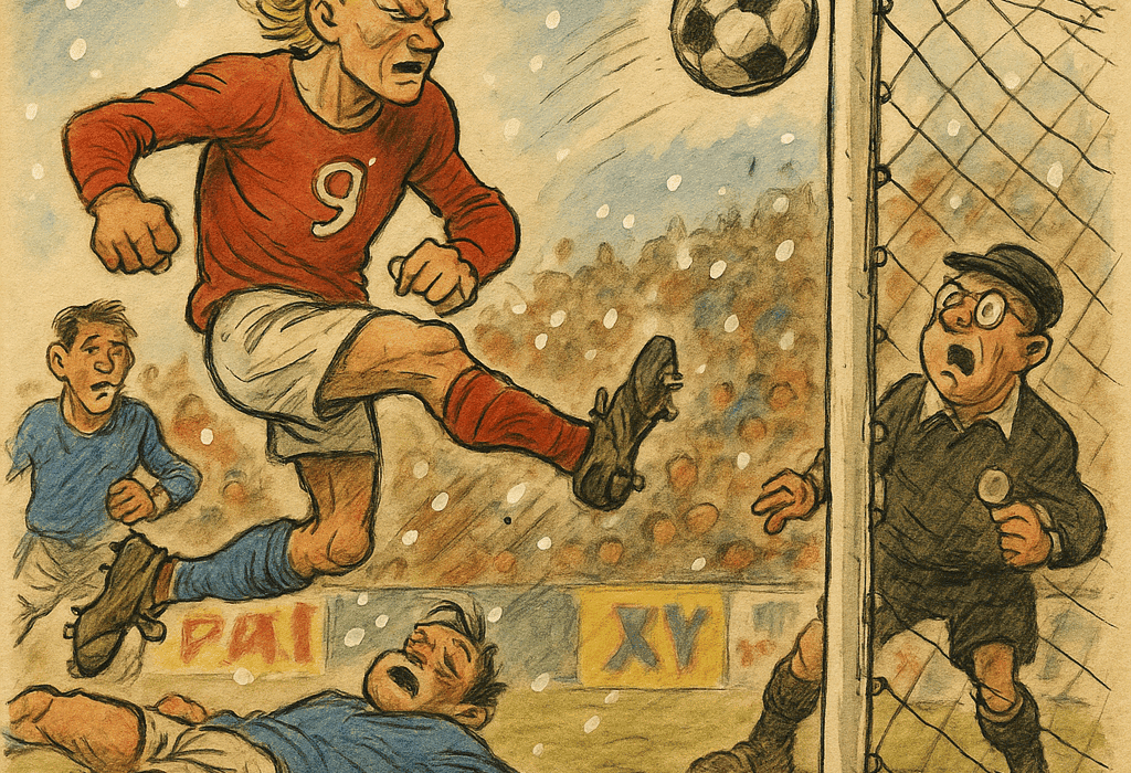 NORGE MOT ITALIA - TRIUMF MED SKAVANKAR OG SKRUBBSÅR | SKOSNERKBYEN (OSLO) 5 Erling Haaland hopper og scorer mot Italia i snøvær mens italienske spelarar og dommar står sjokkerte; illustrasjon i Aukrust-stil.