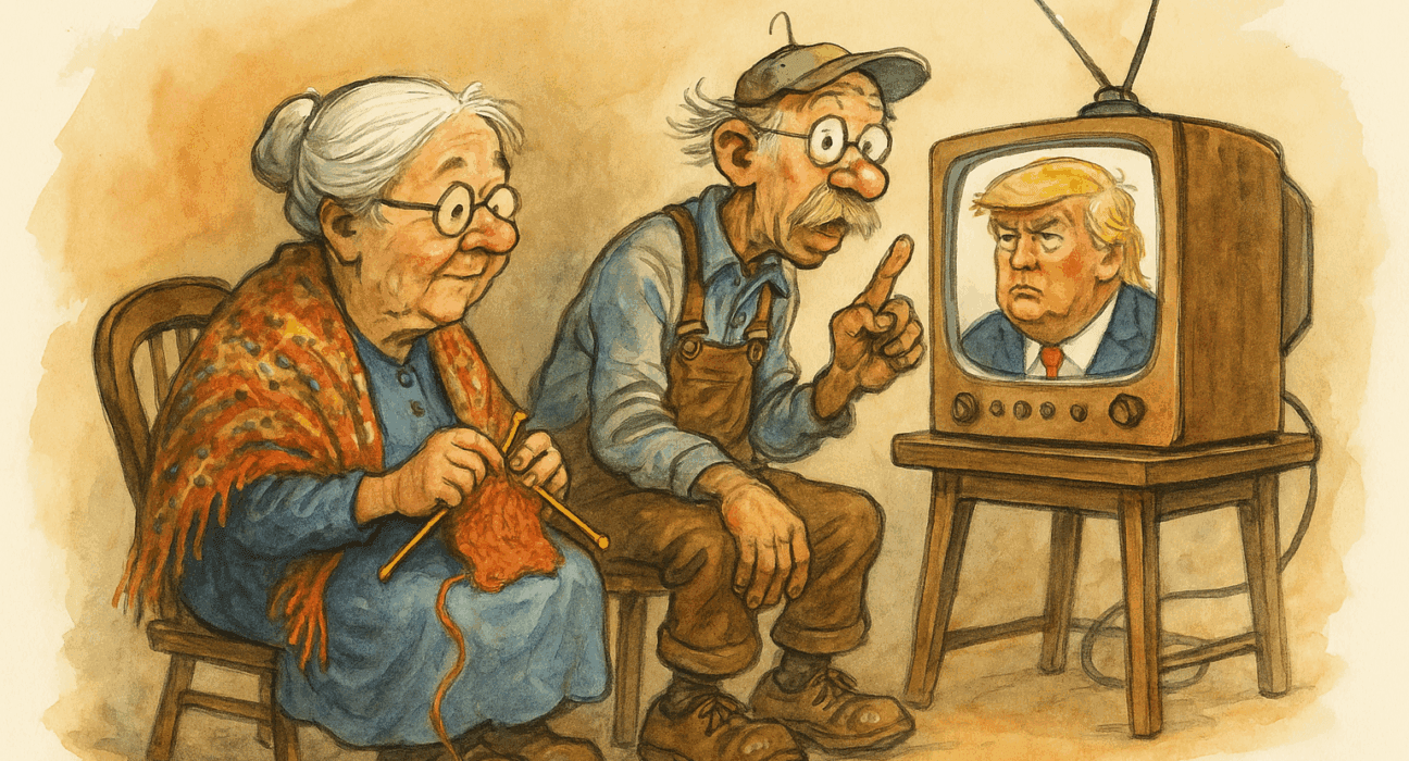 GRINEBØRSTAD (USA) PÅ RANDEN AV STRIKKEKRIG 5 Humoristisk akvarell av eldre dame som strikker og eldre mann i kjeledress som peker på TV med Trump-ansikt.