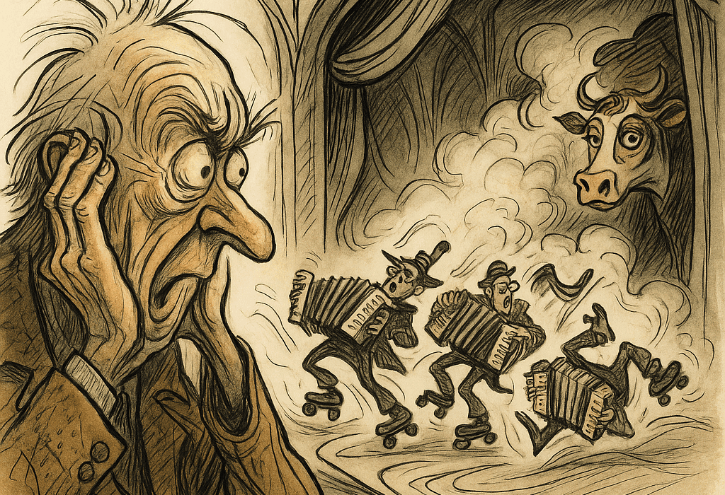 Gammeldans og lynnedslag – fiasko i Flekkevalsen (Flekkefjertstrupen) 5 Karikatur av Torgny Brølteblæst som holder seg for ørene mens rulleskøyte-harmonika og røykmaskin skaper panikk på scenen.