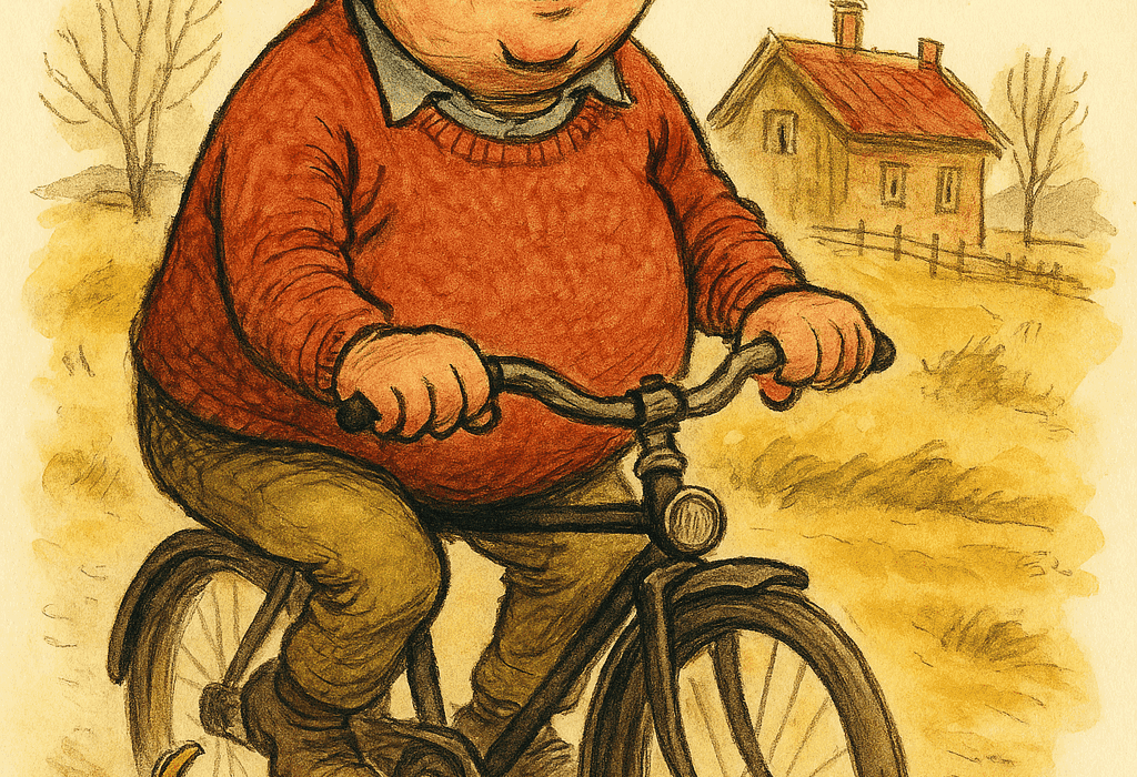 📢 Notis frå redaksjonen: Glenn-Ronny tek pinsedags-pause (men ikkje frå børsen, sjø!) 5 Kjåkvald-karikatur av bygdesyklist og glad bikkje på støvete vei – retro stil à la Aukrust, signert