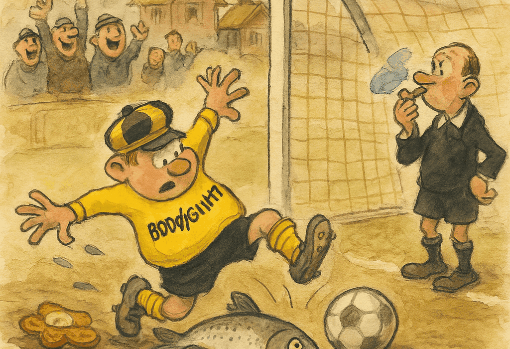 Seriemester-rushet i Bodø: Glimt snubla eller spratt til topps? | SøleBodø (Bodø) 5 Bodø/Glimt-spiller snubler i fisk foran mål i bygdekamp, mens dommer blåser og publikum jubler – Tulleavisa-stil