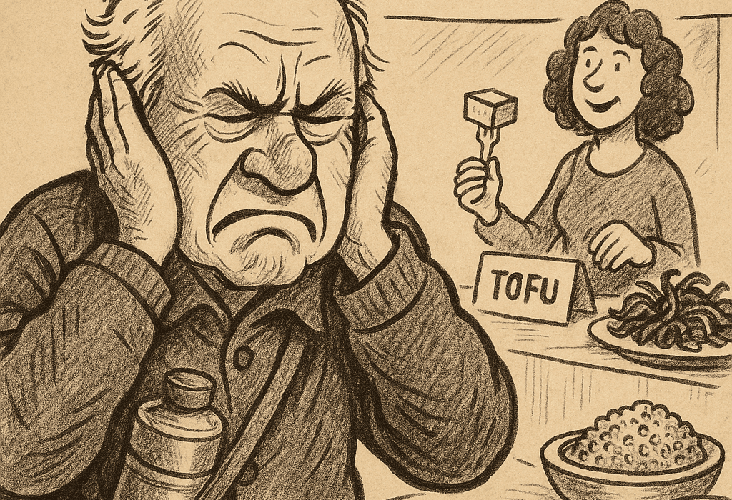 Veganvelde i Avisafjotten (Avisa Nordland): Salat som samfunnsproblem 5 Eldre mann dekker ørene under tofu-smaking i Bodø – Svenno skeptisk