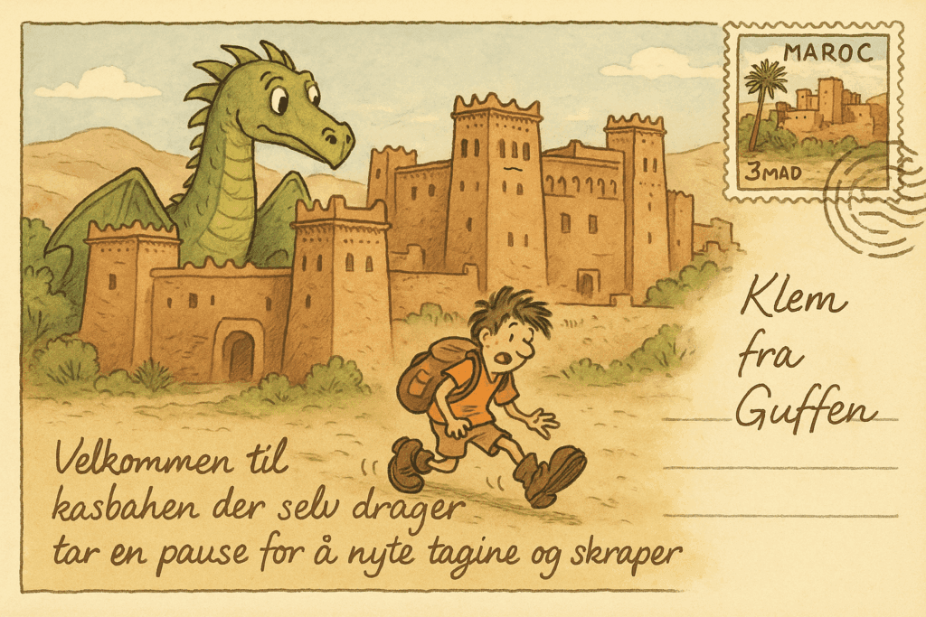 En tegning av Aït Benhaddou med en drage som kikker forsiktig over murene, mens en turist med altfor store sko snubler i sanden.