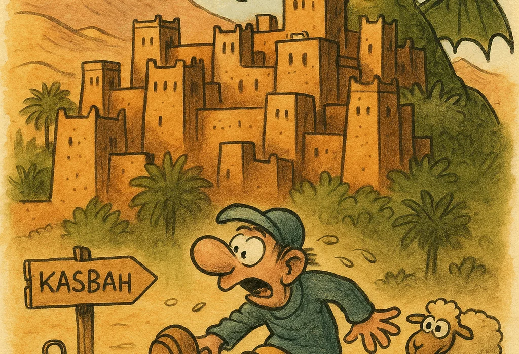 I kongenes fotspor i Spøkelsesbyen Aït Benhaddou (Marokko) – ekte Game of Thrones-magi uten filter 5 Håndtegnet illustrasjon av Aït Benhaddou i Marokko, med en vennlig drage som kikker over gamle kasbah-murer i jordfarger, tegnet i lun, humoristisk stil inspirert av Kjell Aukrust og Tulleavisa.no, med Guffens signatur og en sau i forgrunnen.