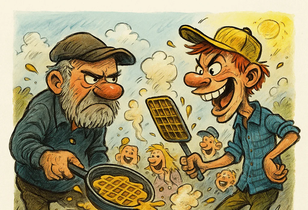 Trønder-Tull (Trønder-Avisa): Guffen Turlien og kampen om vaffelsteka i SøleTorvvik 5 Karikatur av Guffen Turlien og Ola Dunk i vaffelduell i SøleTorvvik.