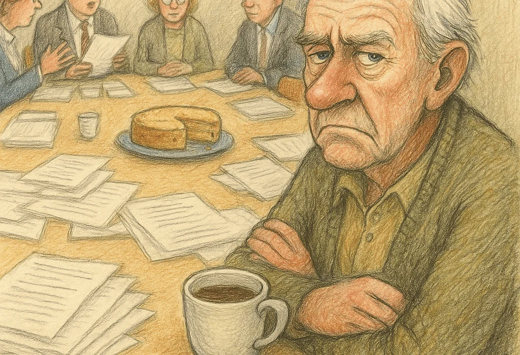 Troll bataljonen (Frivillighet Norge): Når kakepauser og rundskriv overskygger hjelpen 5 Skeptisk eldre mann sitter med kaffekopp og stirrer på møtebord fullt av papirer og kakefat