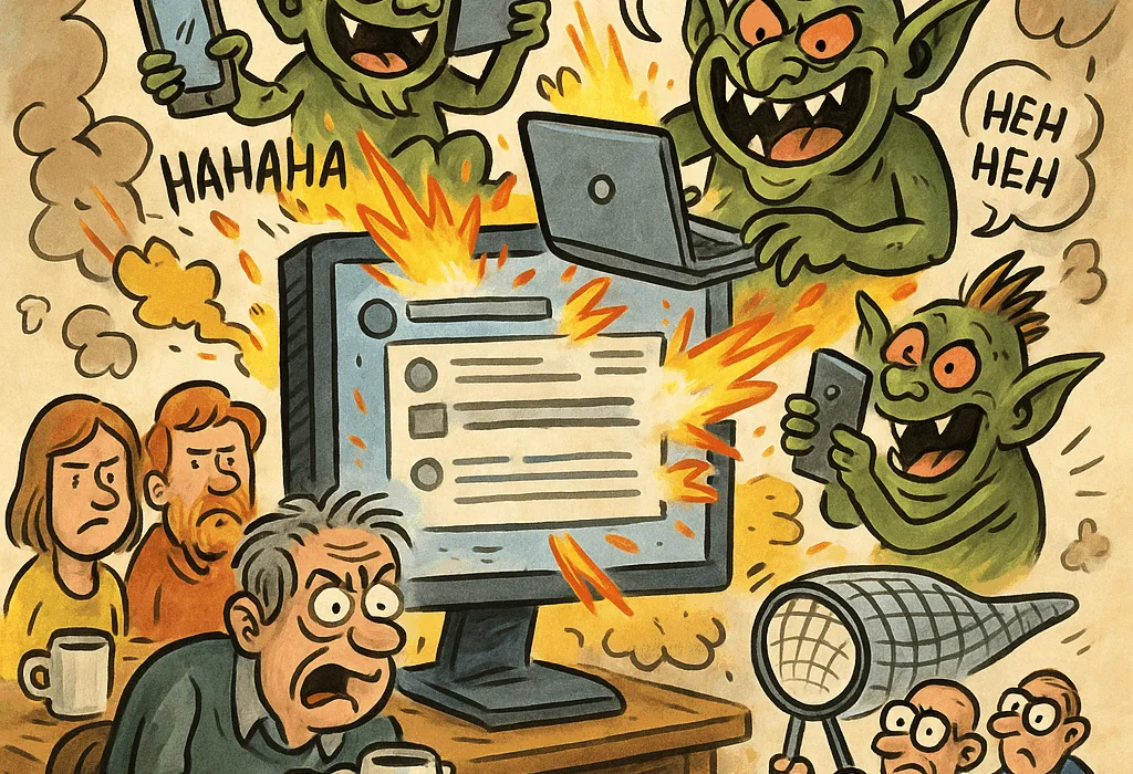 TROLLKAMP PÅ AVISAFJOTTEN (BODØ): Når digitale troll tar over kommentarfeltet 5 Morsom karikatur av en digital trollfabrikk som sprer kaos på en dataskjerm, med kommentarfelt som eksploderer i farger og lyder.