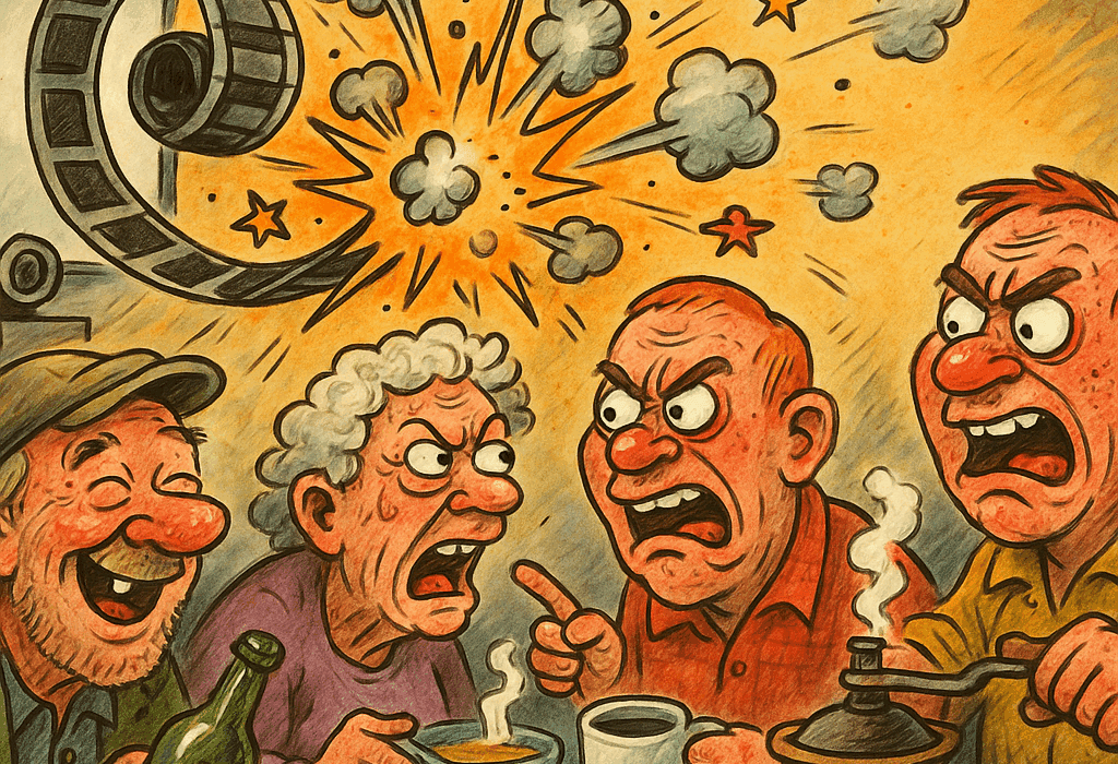 Karikatur av filmkveld med skrekkeksplosjon i Fjolsringen