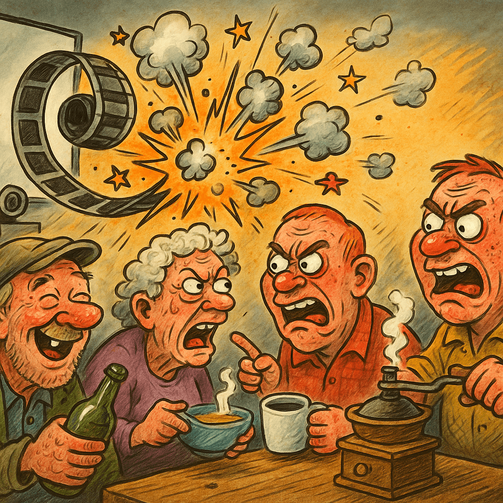 Karikatur av filmkveld med skrekkeksplosjon i Fjolsringen