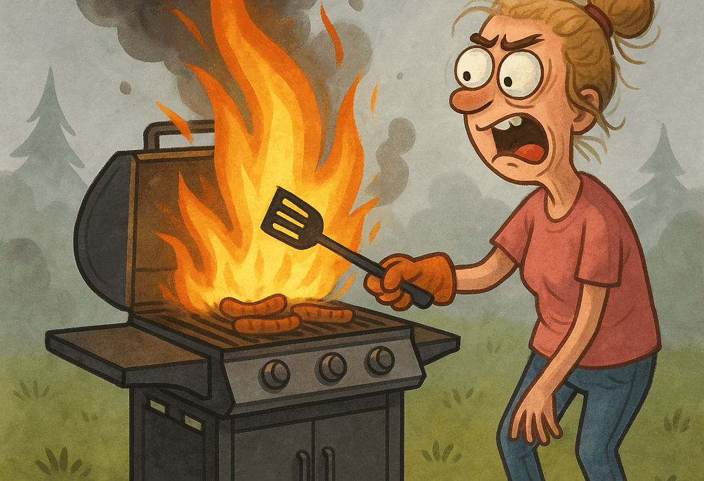 Bibbi kjemper med en ildsprutende Weber Spirit II gassgrill i tåkelagt Dingse-plassen.