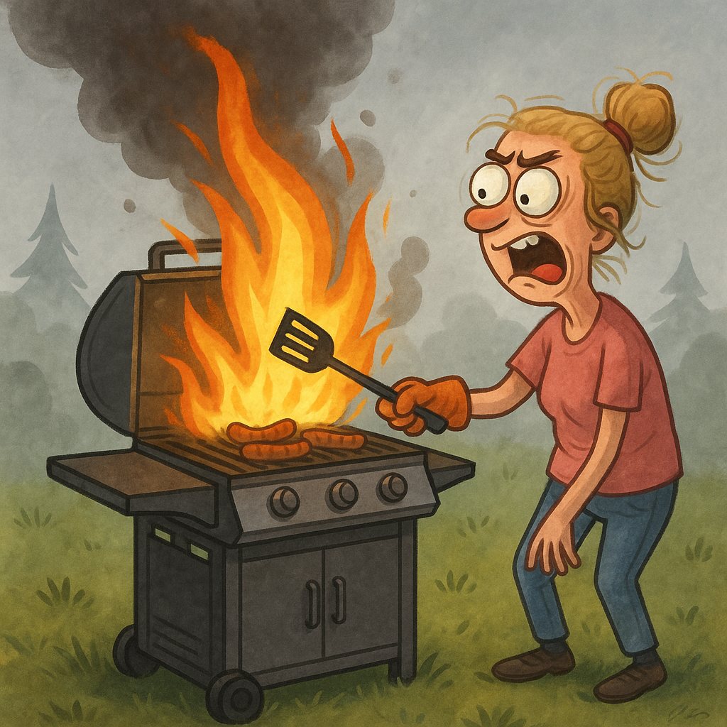 Bibbi kjemper med en ildsprutende Weber Spirit II gassgrill i tåkelagt Dingse-plassen.