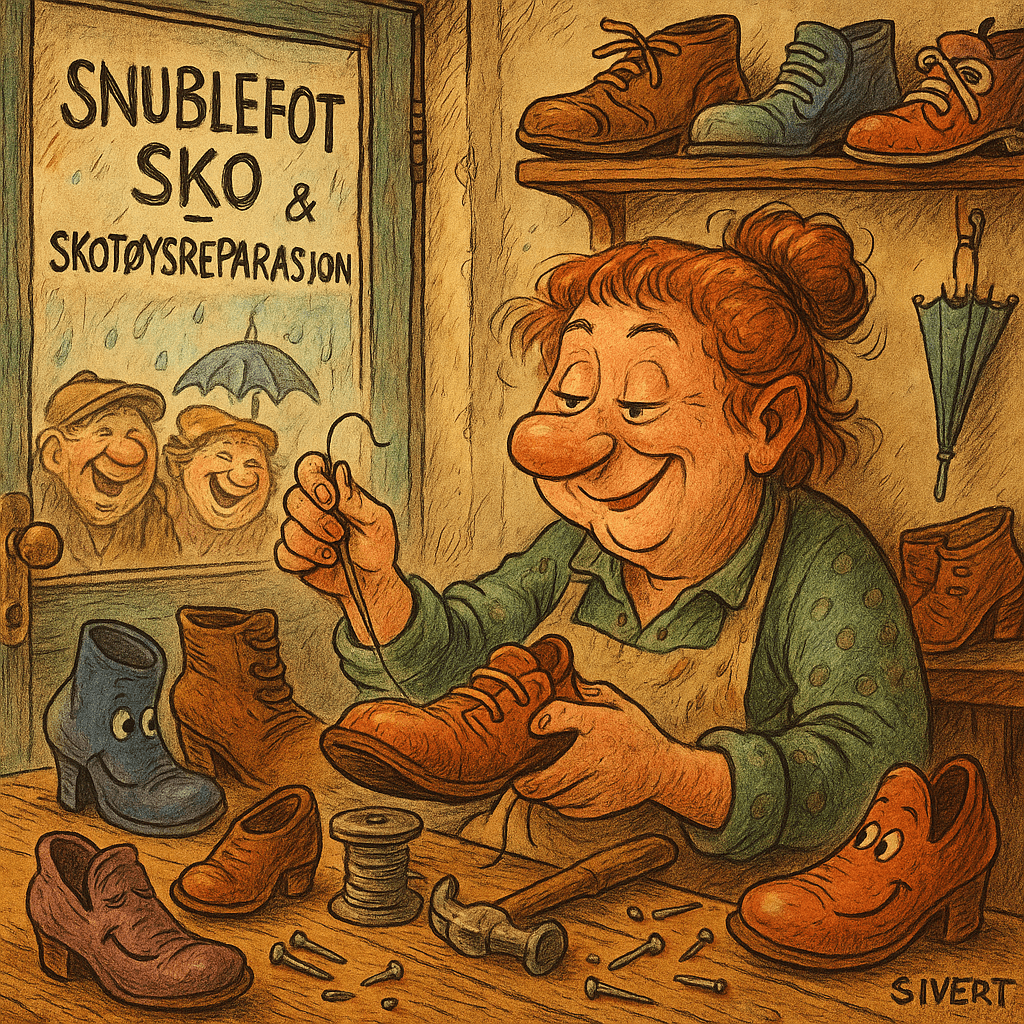 Illustrasjon av Sål-Sølvi som syr magiske såler med glimt i øyet i SnørrSpydeberg.