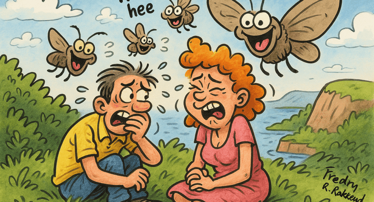 Humoristisk illustrasjon av fnisemøll som sprer fnis over et par i Fnisehaugen, Pjuskeby.