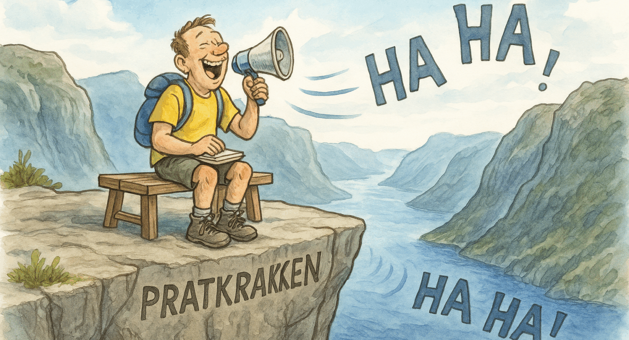 Illustrasjon i akvarellstil som viser ein glad turist på ein benk på Preikestolen, med megafon i handa som ropar ut ein latter. Fjord og fjell i bakgrunnen med ekko som svarar "HA HA!".