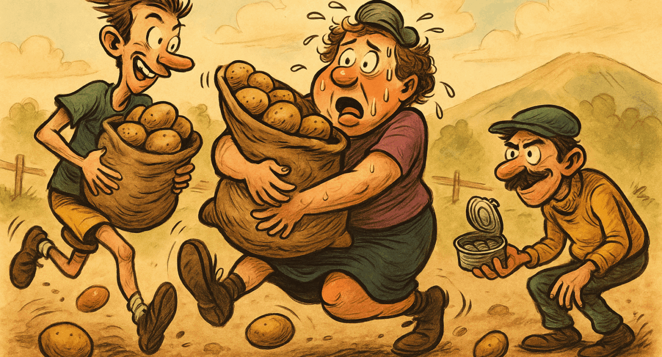 Karikatur av løpere i potetløp med potetposer, en ordfører med svette i pannen og en sabotasjepose rakfisk på bakken