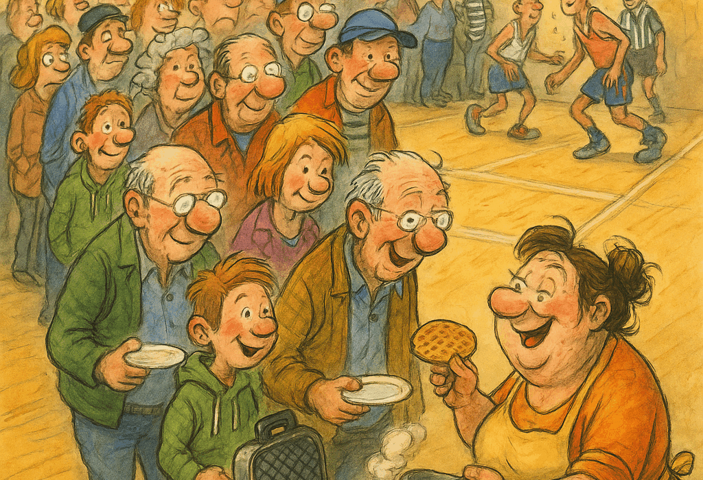 Karikatur av folk i kø ved vaffelpressa i Bodøs nye idrettshall, med latter, svette og aktivitet i bakgrunnen.