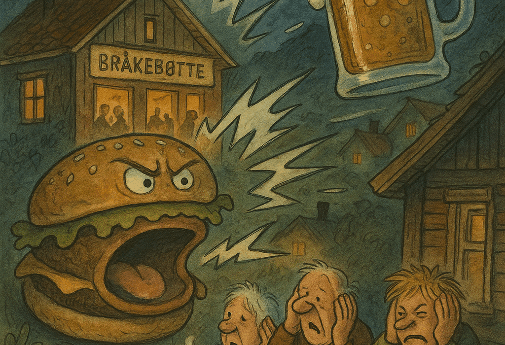 Nattestøy i Pjuskeby ved Bråkebøtte Bar & Grill – folk i ullsokker prøver å sove mens en ropende burger og ølglass med ekko dominerer.