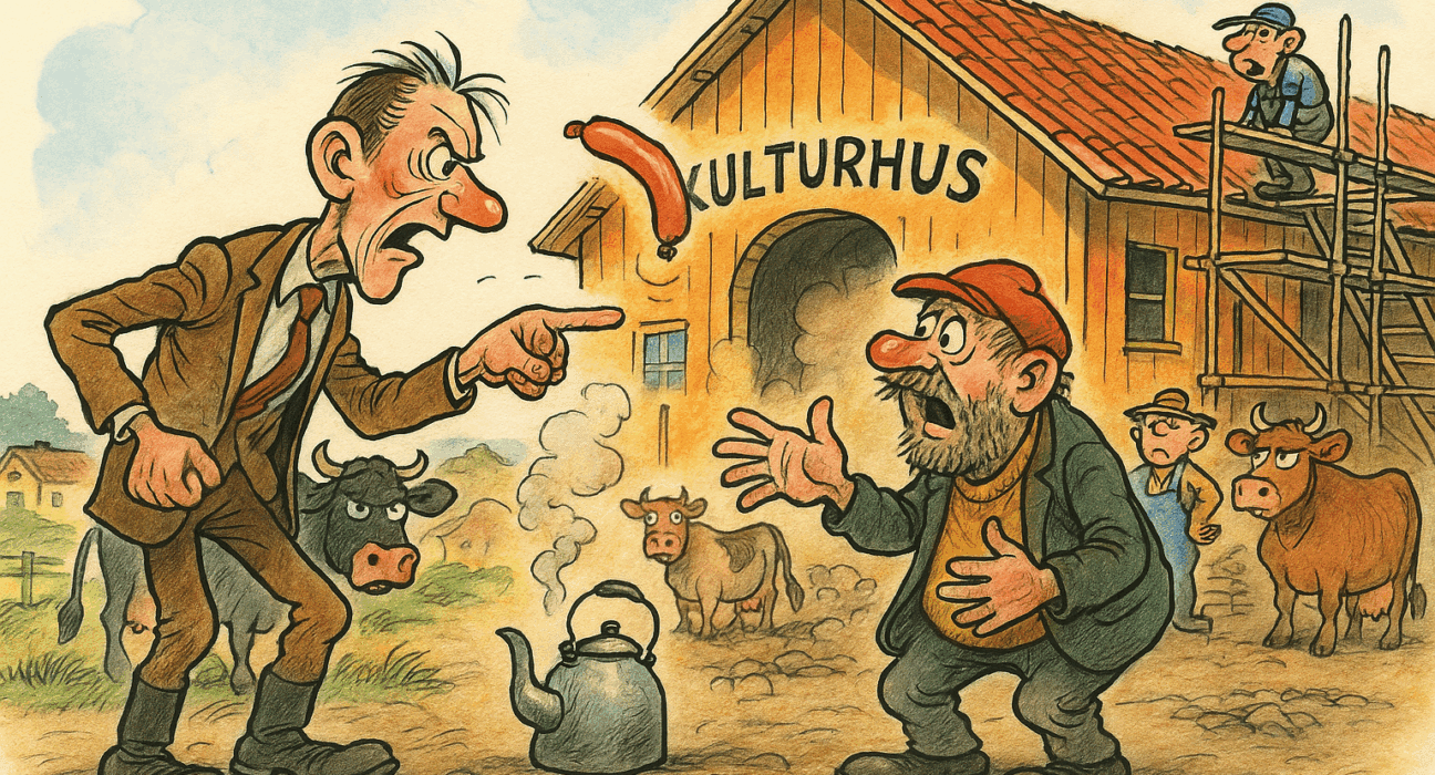 Humoristisk håndtegnet tegning av opphetet krangel foran uferdig kulturhus i PølseVåk, med flyvende pølse og frustrerte bygdefolk i typisk Kjell Aukrust-stil.
