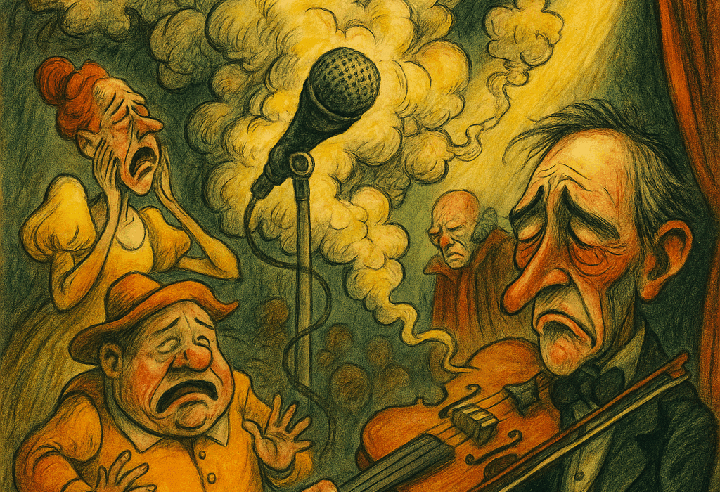 Karikatur av teaterscene i Fnisegrotta med røyksky, sprukket mikrofon og frustrerte skuespillere i humoristisk Kjell Aukrust / Salvador Dali-stil