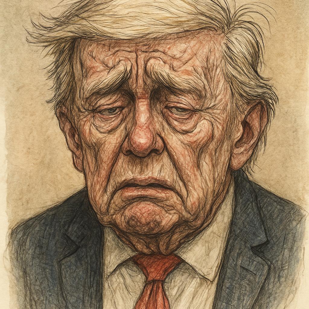 Satirisk illustrasjon av Donald Trump som strever med en røykende tankemaskin, omgitt av kaos og forvirring i Det hvite hus, Tulleavisa-stil.
