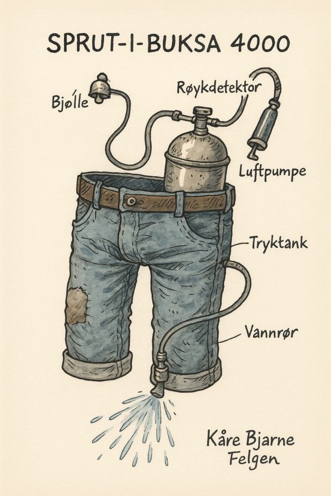 Teknisk planteikning av sprutebukse med dyser, tank og røykvarslar i Reodor Felgen-stil.