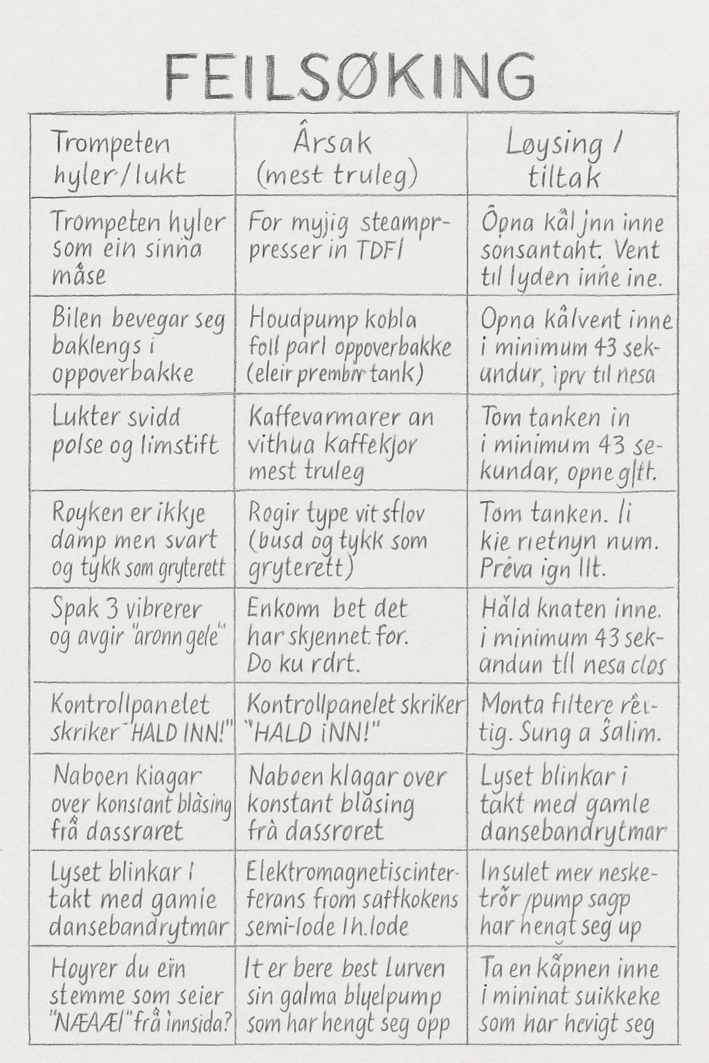 Vandramobilen 3000™ – Vatndriven galskap fra Pjuskeby! 4 Feilsøking for Vandramobilen 3000™ – Når trompeten hyler og dassrøret blåser